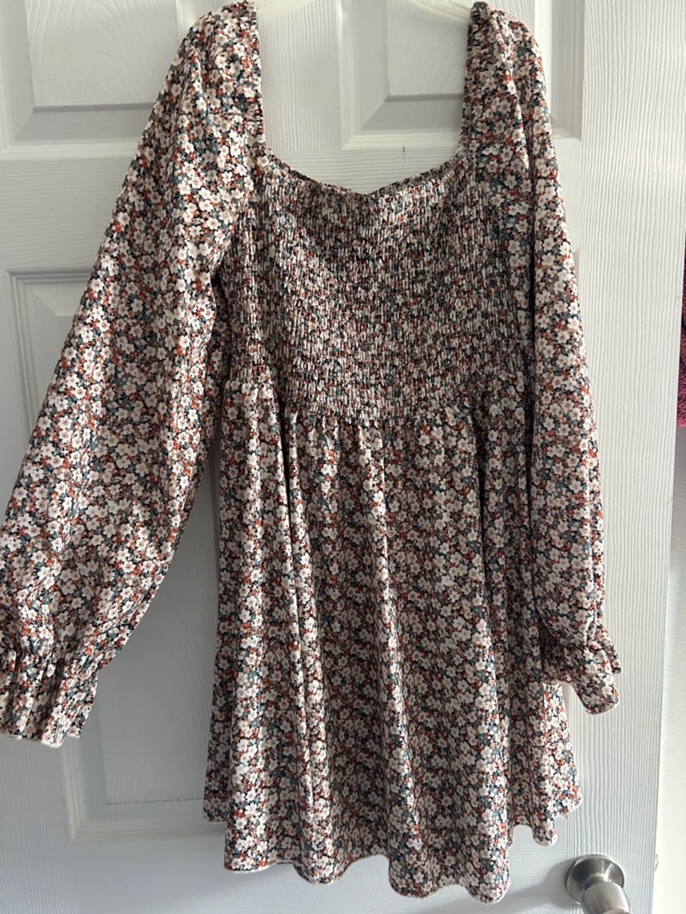 SHEIN Pink Cream Floral Smocked Long-Sleeve Dress